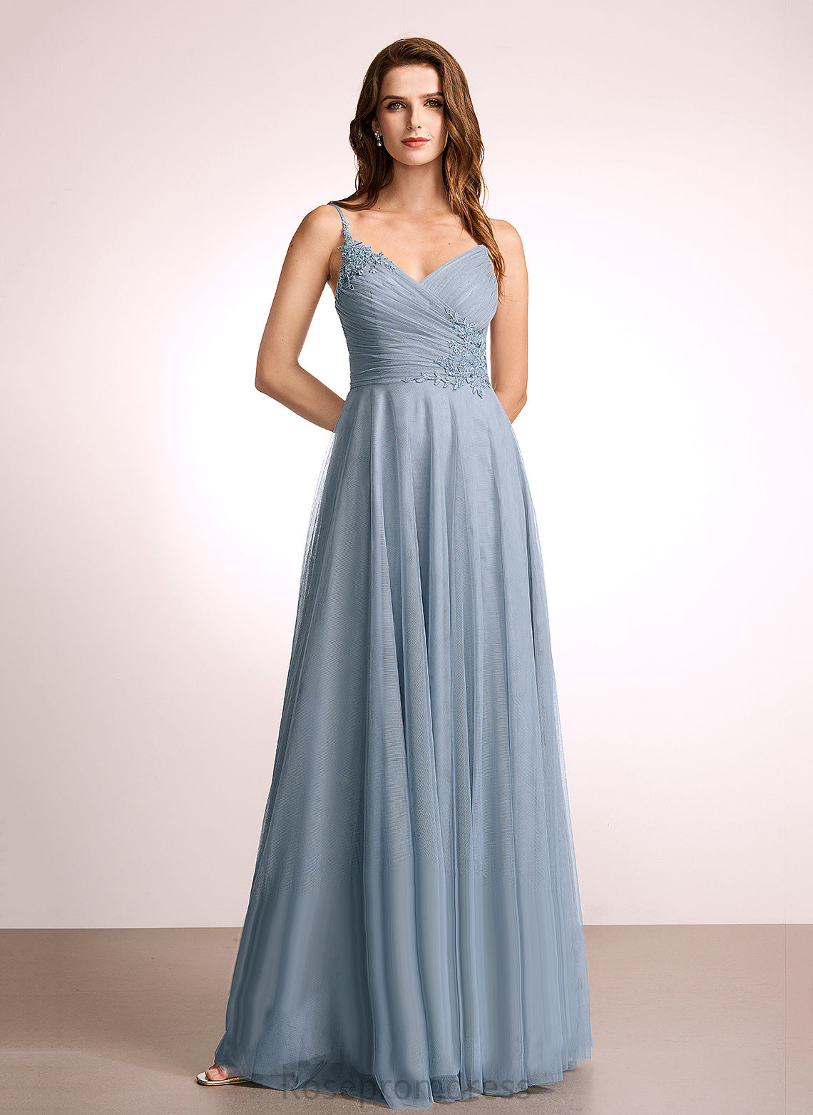 Floor-Length Fabric Tulle Straps&Sleeves A-Line Neckline Length V-neck Lace Silhouette Cierra Floor Length Bridesmaid Dresses