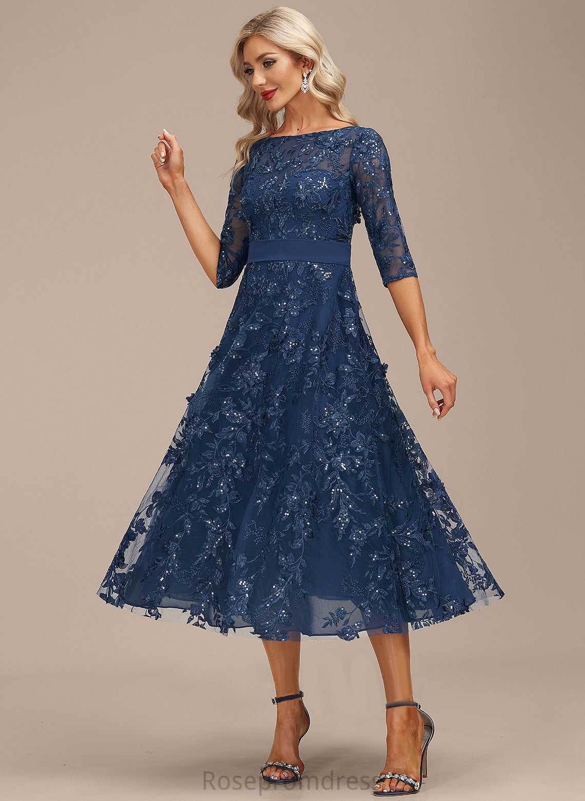 Cocktail Dresses A-Line Chiffon Tea-Length Dress Sequins Neck Lace Scoop Cocktail Tiffany With