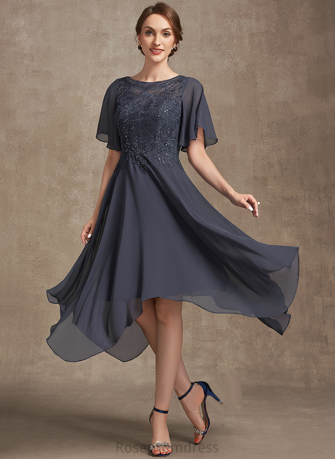 the Bride Scoop With Mother Mother of the Bride Dresses A-Line Lace Sequins Neck Dress Makaila of Tea-Length Chiffon