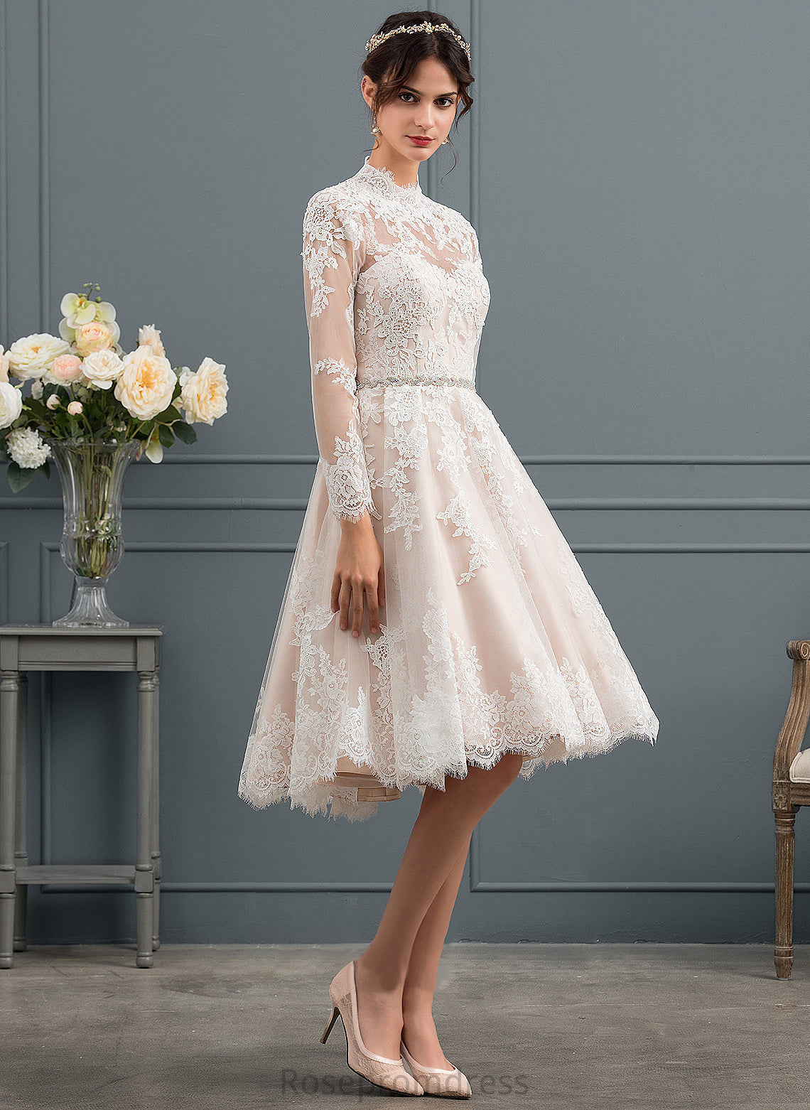 Caroline Lace Wedding Dresses Tulle Knee-Length Illusion Dress A-Line Wedding