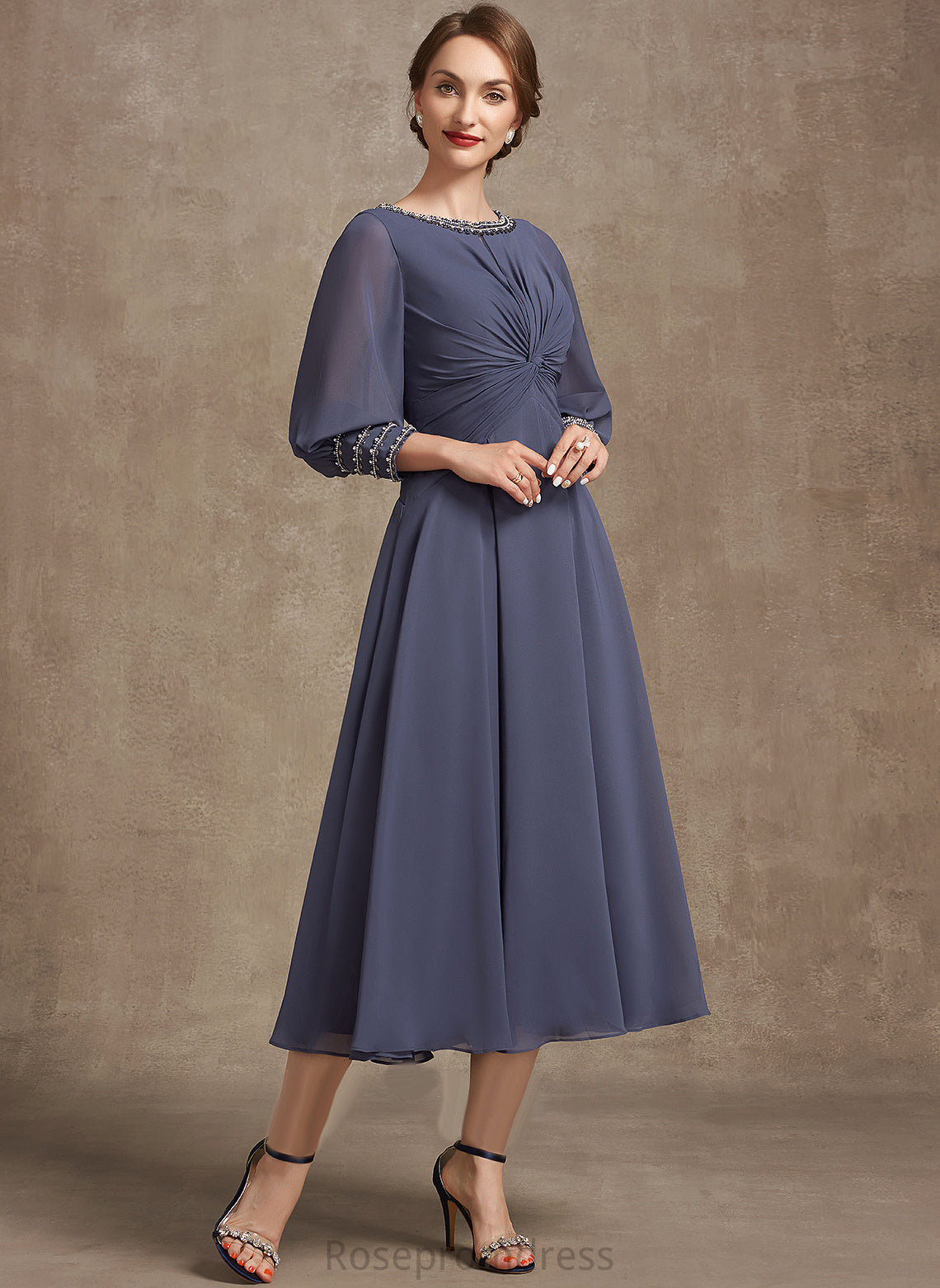 Tea-Length With Mother of the Bride Dresses of Chiffon Bride Mother Ruffle A-Line the Payten Scoop Neck Dress Beading