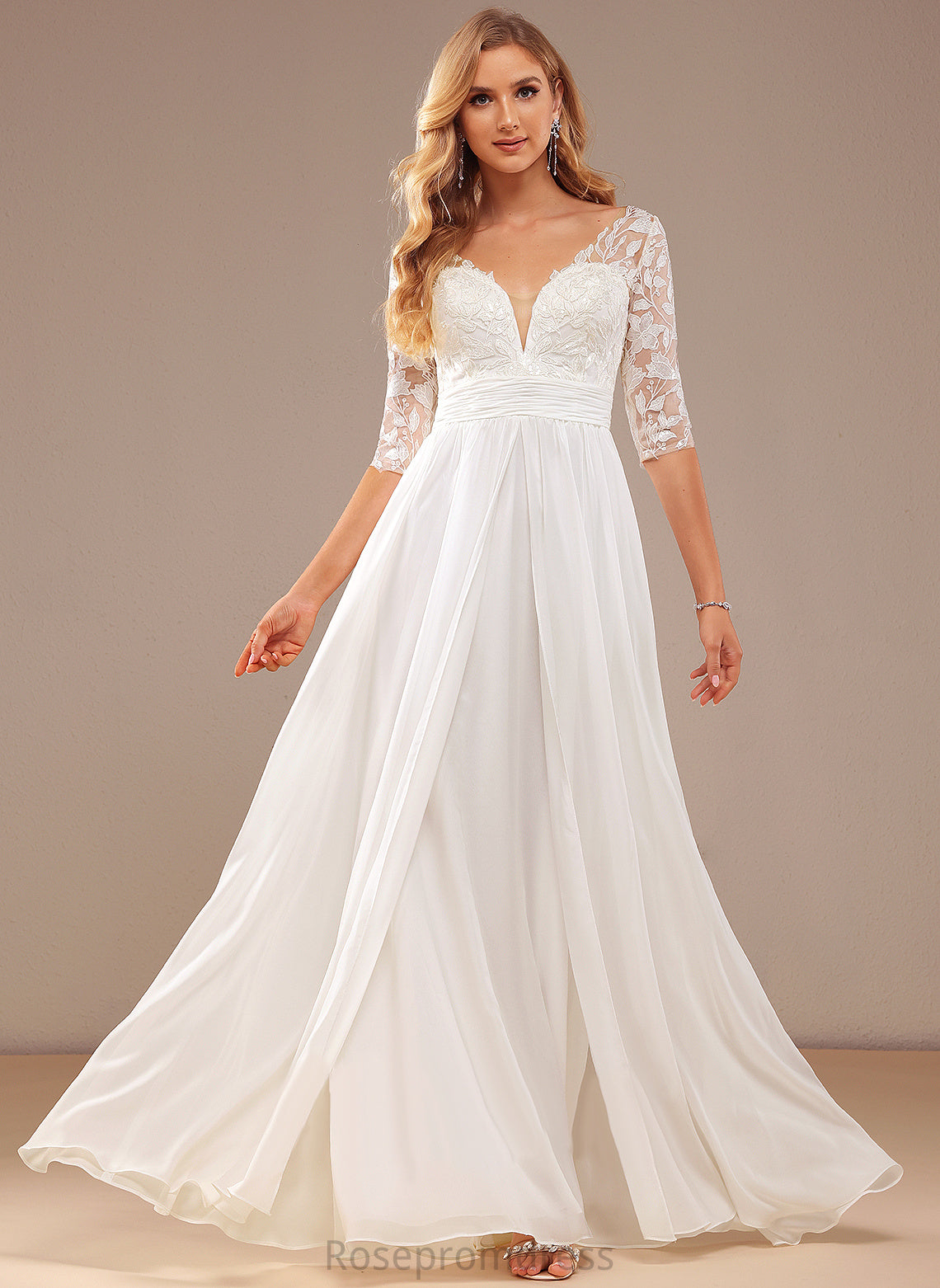 Dress Chiffon Floor-Length V-neck Hilda Wedding Dresses Ruffle A-Line With Sequins Lace Wedding