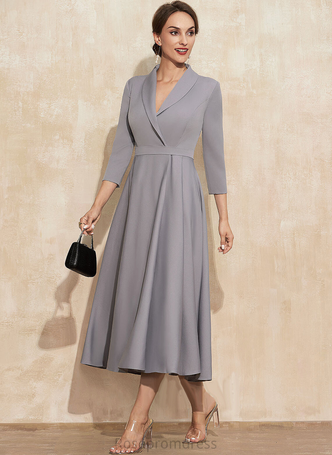 A-Line Crepe Cocktail Dresses Cadence Dress Cocktail Stretch V-neck Tea-Length