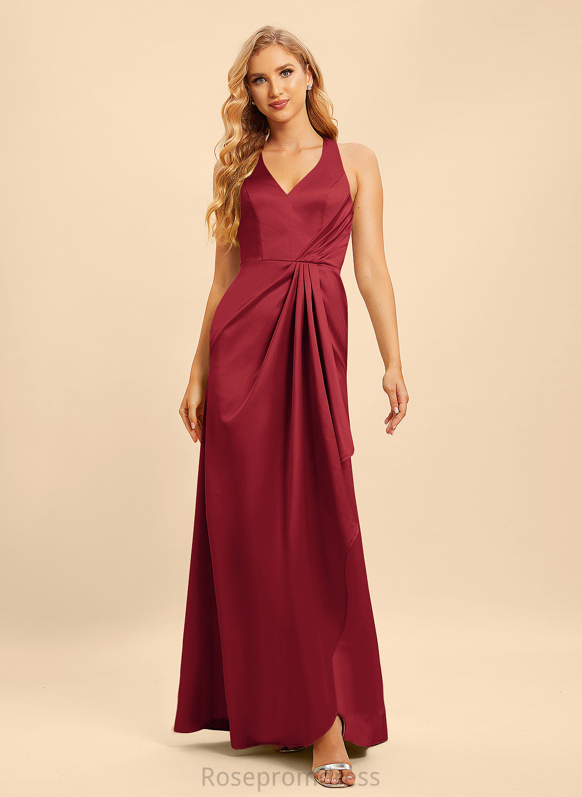 A-Line SplitFront Silhouette Fabric Length Neckline Ruffle Embellishment V-neck Floor-Length Mariah Bridesmaid Dresses