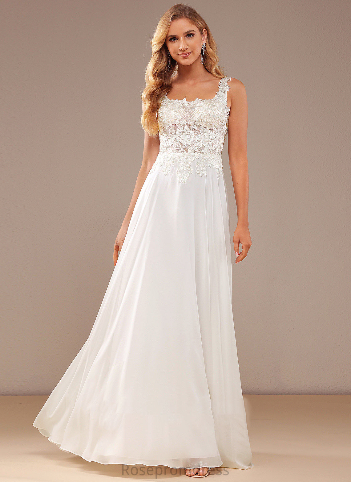 Wedding Lorelai Wedding Dresses Sequins Lace Dress Lace Chiffon Neckline A-Line Floor-Length Square With