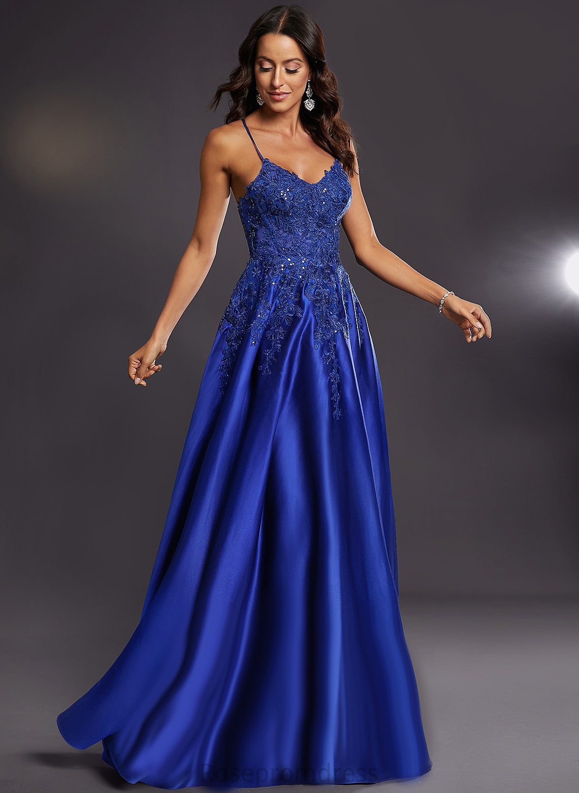 Floor-Length V-neck Prom Dresses Estrella Satin With Sequins A-Line