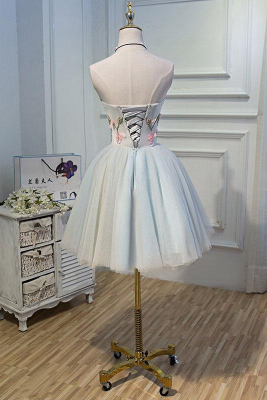 Cute Blue Strapless Tulle Homecoming Dresses with 3D Flowers Lace up Dance Dresses SRS14970