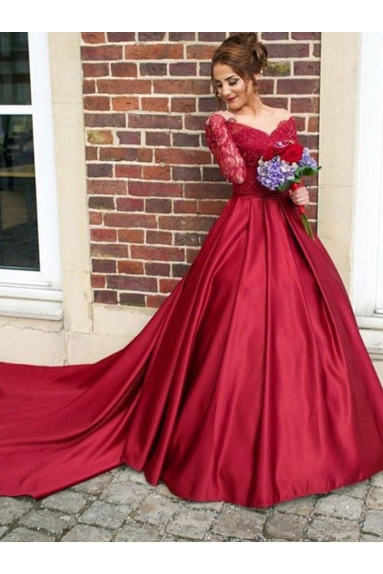 A-Line/Princess V-Neck Long Sleeves Sweep/Brush Train Lace Satin Dresses