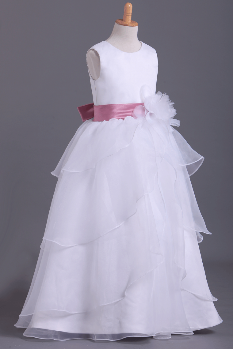 2024 White Flower Girl Dresses Ball Gown Scoop Floor Length Organza