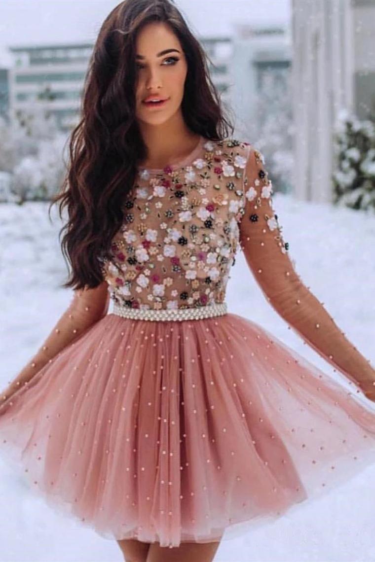 Short Prom Dresses 3D Flowers Beaded Homecoming Dresses