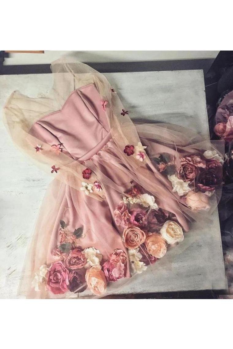 A-Line V Neck Hand-Made Flower Homecoming Dress Unique Short Long Sleeve Prom Dress