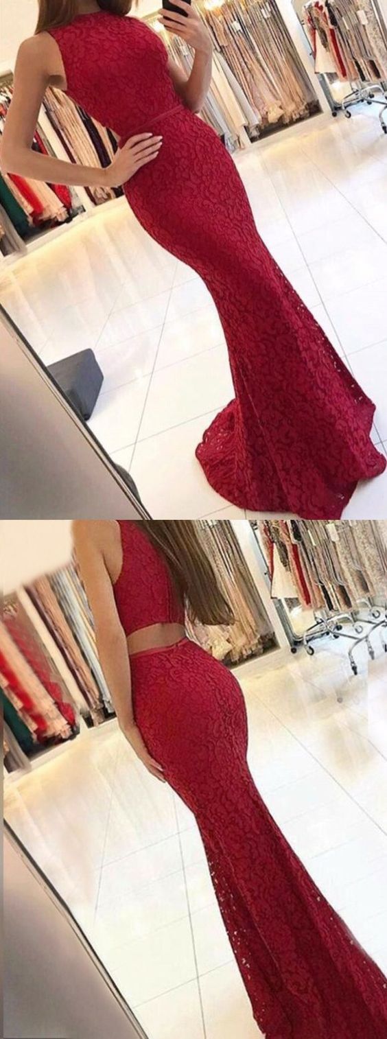 Charming New Arrival Mermaid Round Neck Dark Red Lace Prom Dresses RS385