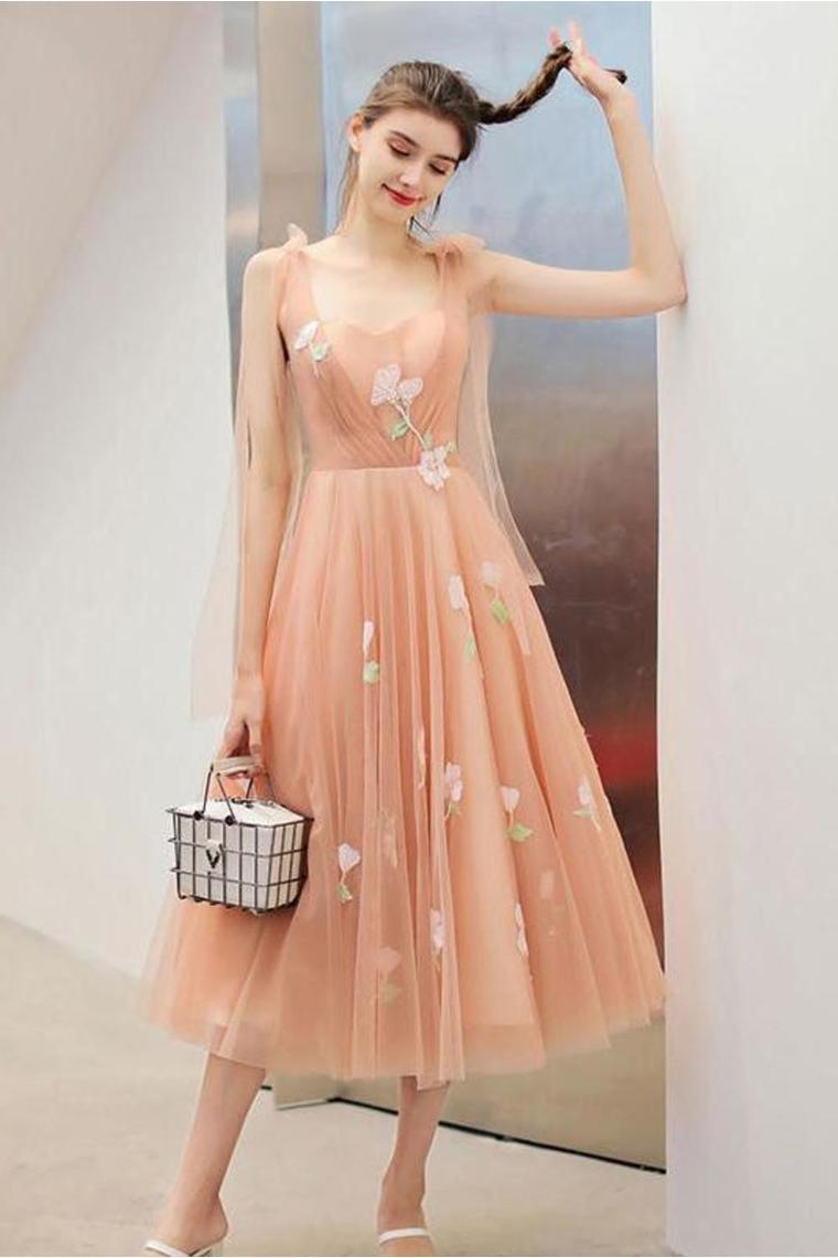 Tea Length Unique Graduation Dress With Appliques, A Line Tulle Homecoming Dresses