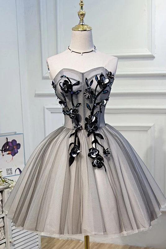 Elegant A Line Strapless Tulle Homecoming Dresses with Lace up Black Short Prom Dresses SRS14974