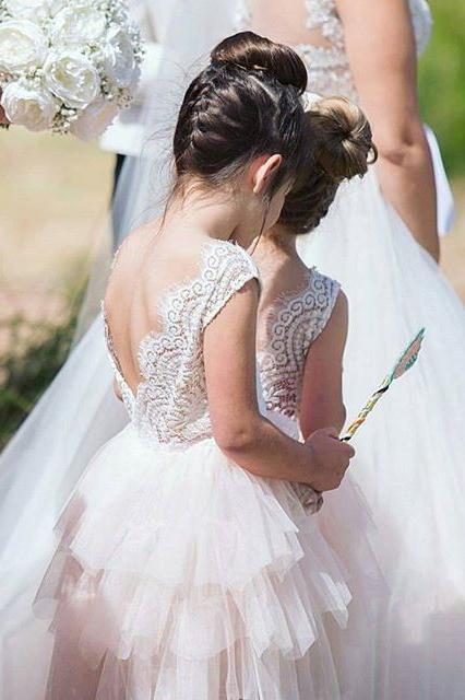 Cute Round Neck White Flower Girl Dresses Open Back Tulle Wedding Party Dresses SRS15136