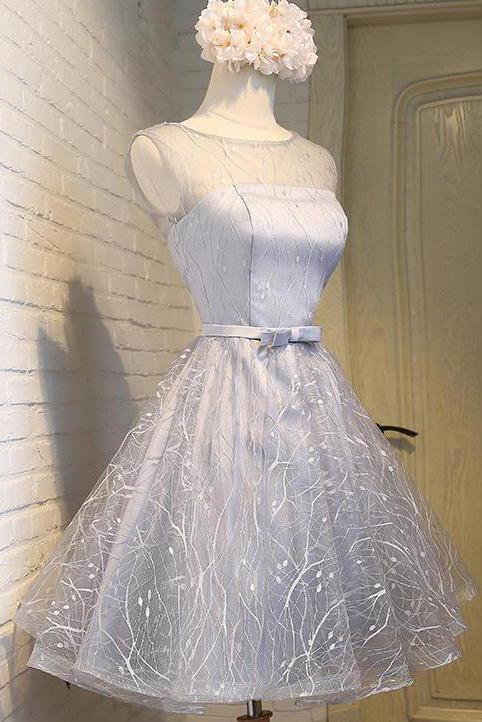 Cute Silver A Line See Through Scoop Organza Top Cheap Lace up Homecoming Dresses RS866