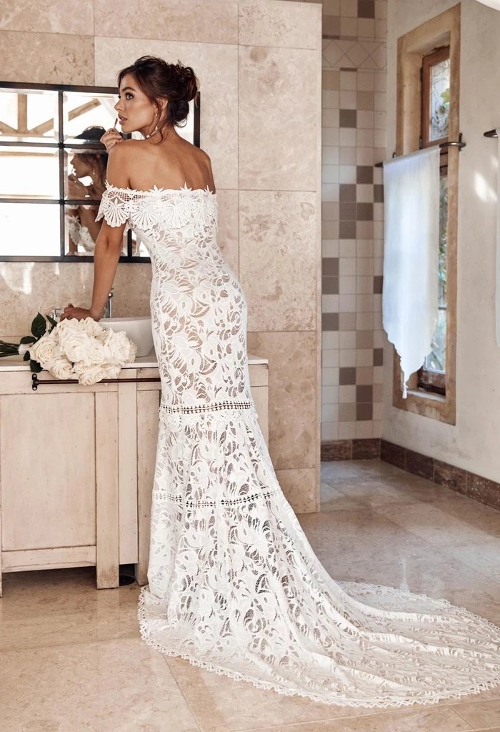 Elegant Off the Shoulder Ivory Lace Mermaid Beach Wedding Dress, Cheap Bridal Dress SRS15188