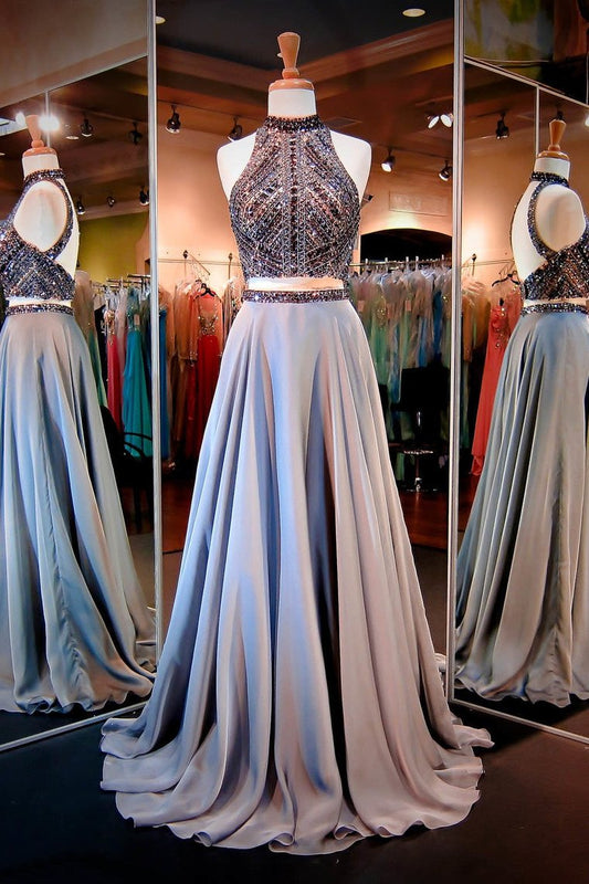 2024 Prom Dresses High Neck Beaded Bodice A Line Chiffon Two Pieces