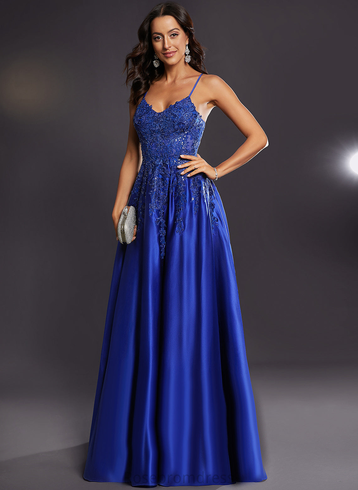 Floor-Length V-neck Prom Dresses Estrella Satin With Sequins A-Line