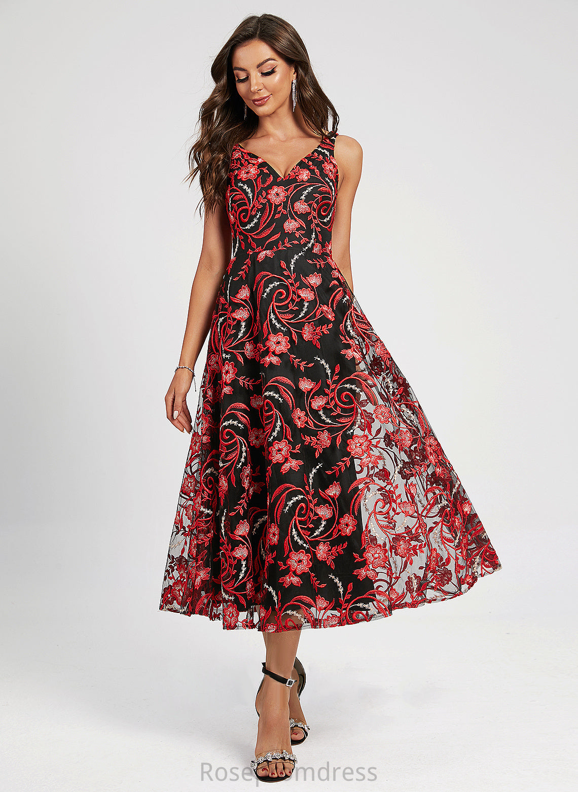 Lace Sahna Tea-Length Dress Cocktail Dresses Flower(s) V-neck A-Line Cocktail With Lace