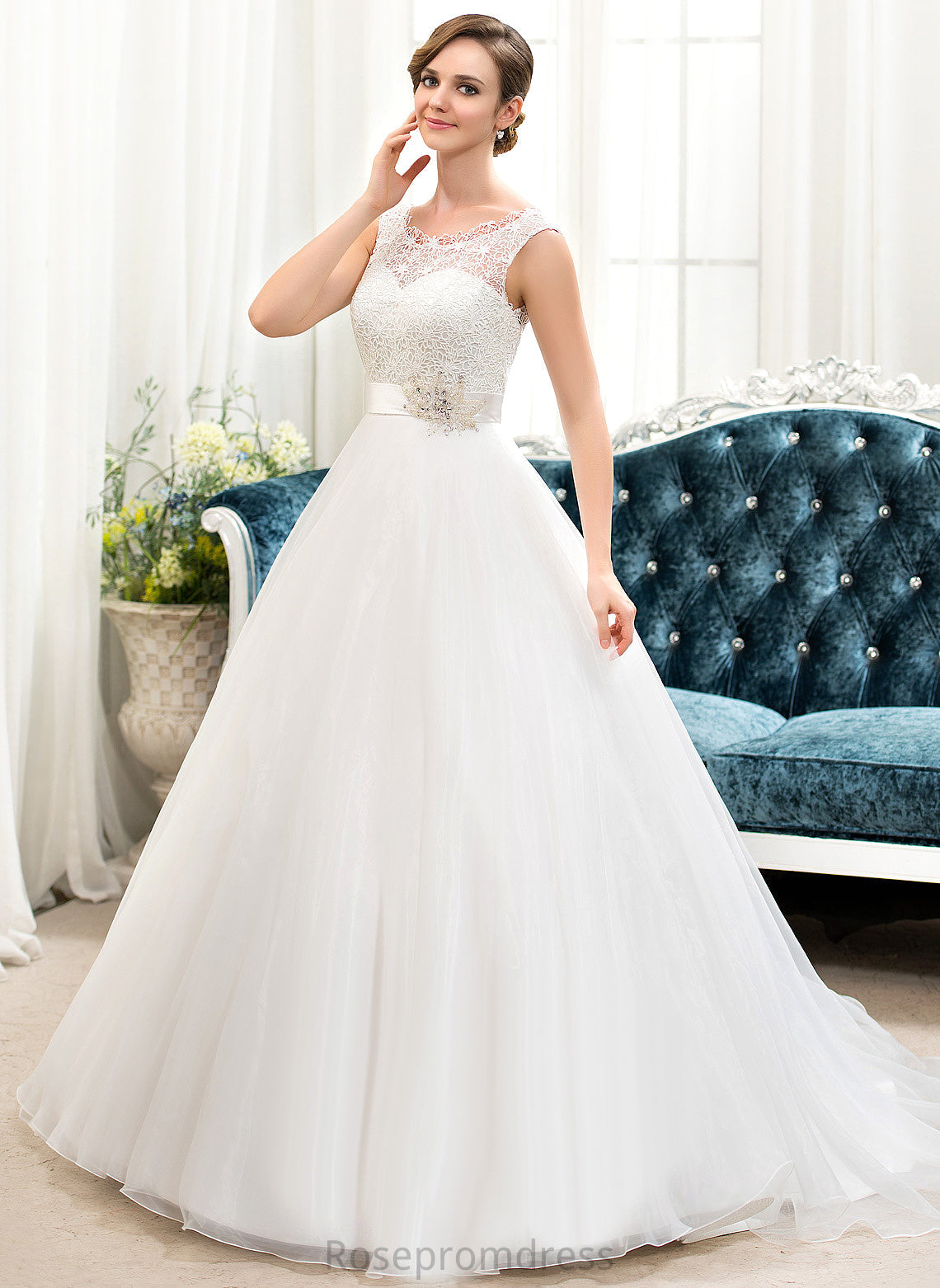 Ball-Gown/Princess Wedding Dresses Beading Sweep Dress Organza With Arielle Lace Wedding Train Satin Sequins