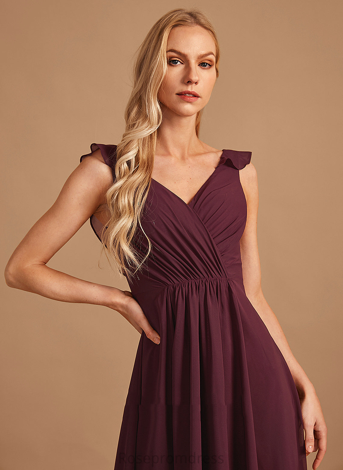 Asymmetrical Ruffle Silhouette Neckline Embellishment Length V-neck A-Line Fabric Mattie Bridesmaid Dresses