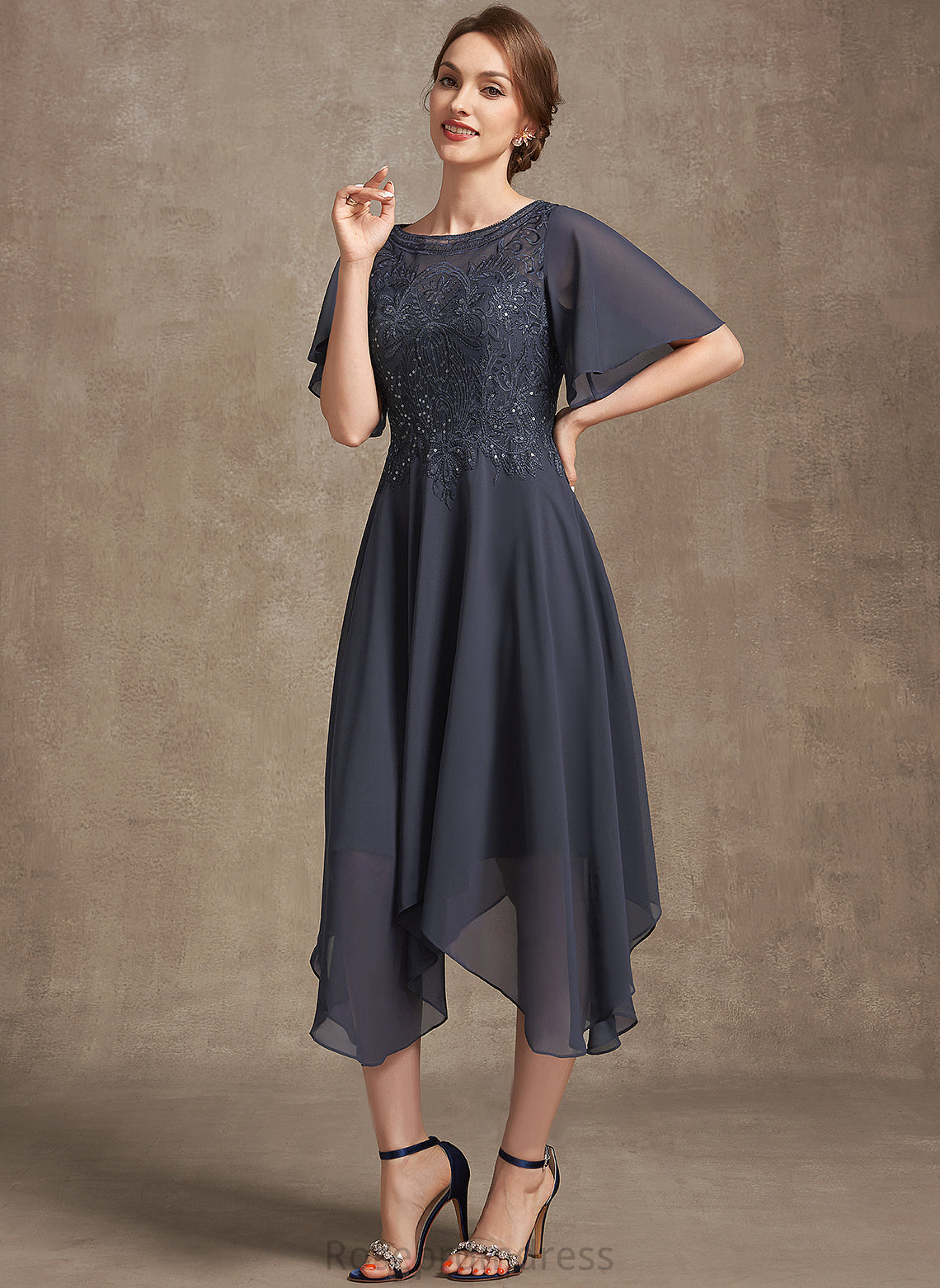 the Bride Scoop With Mother Mother of the Bride Dresses A-Line Lace Sequins Neck Dress Makaila of Tea-Length Chiffon