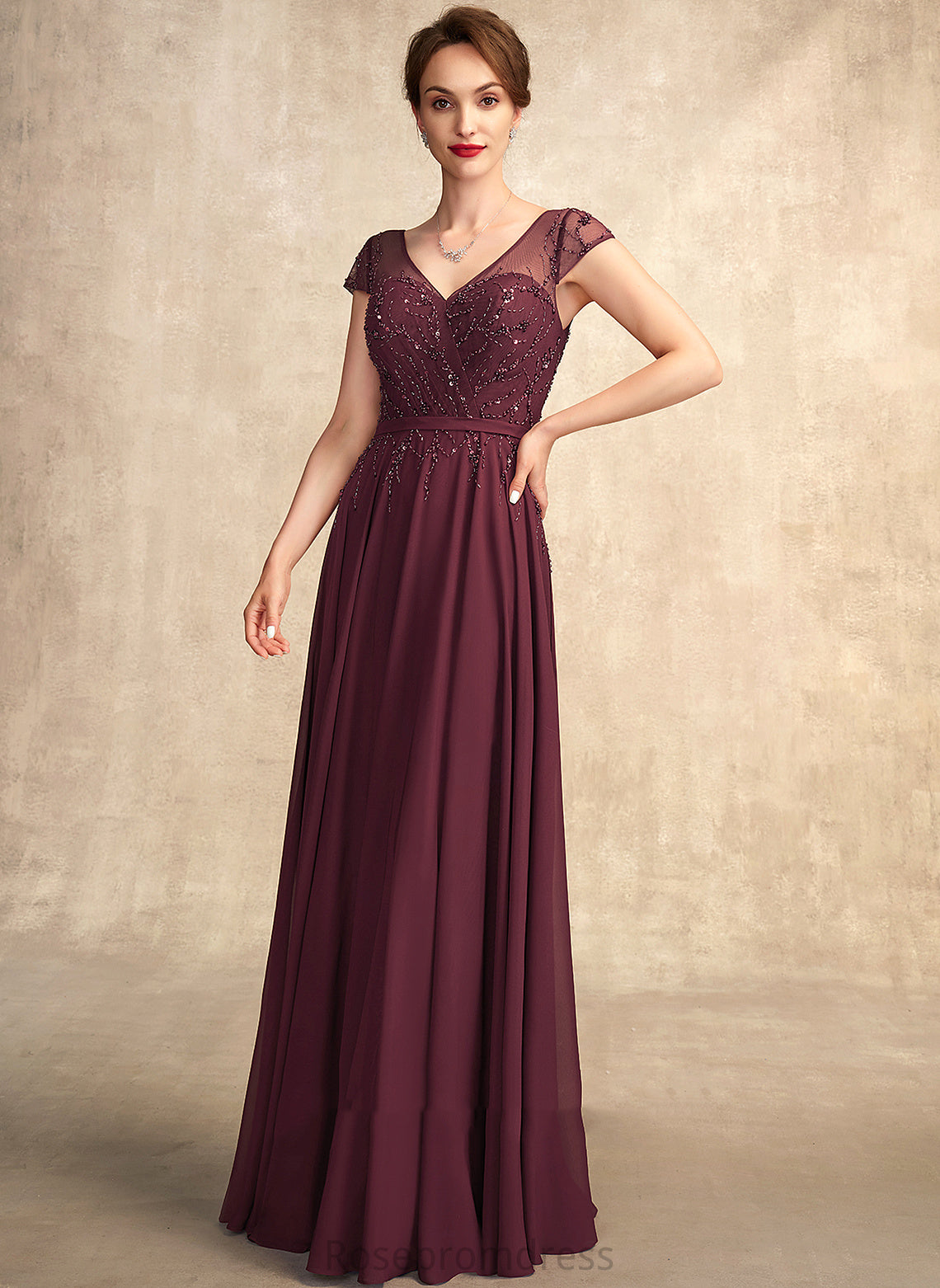 the of Mother Beading A-Line Sequins V-neck Dress Chiffon Mother of the Bride Dresses With Bride Floor-Length Amelia