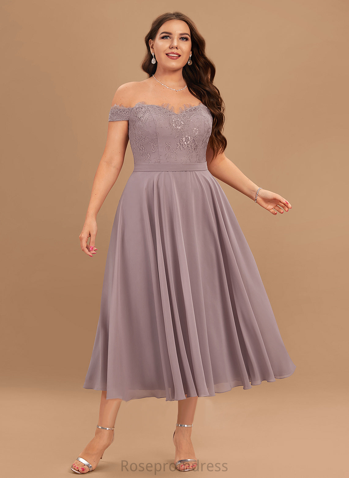 Off-the-Shoulder Embellishment Beading Length Silhouette A-Line Fabric Tea-Length Neckline Nataly Natural Waist Scoop Bridesmaid Dresses