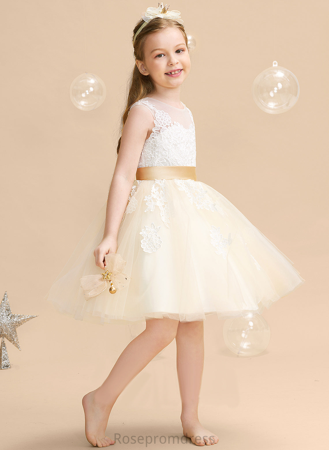 With Dress Girl Neck A-Line Appliques/V Lana Back Sleeveless Scoop Flower - Flower Girl Dresses Satin/Tulle/Lace Knee-length