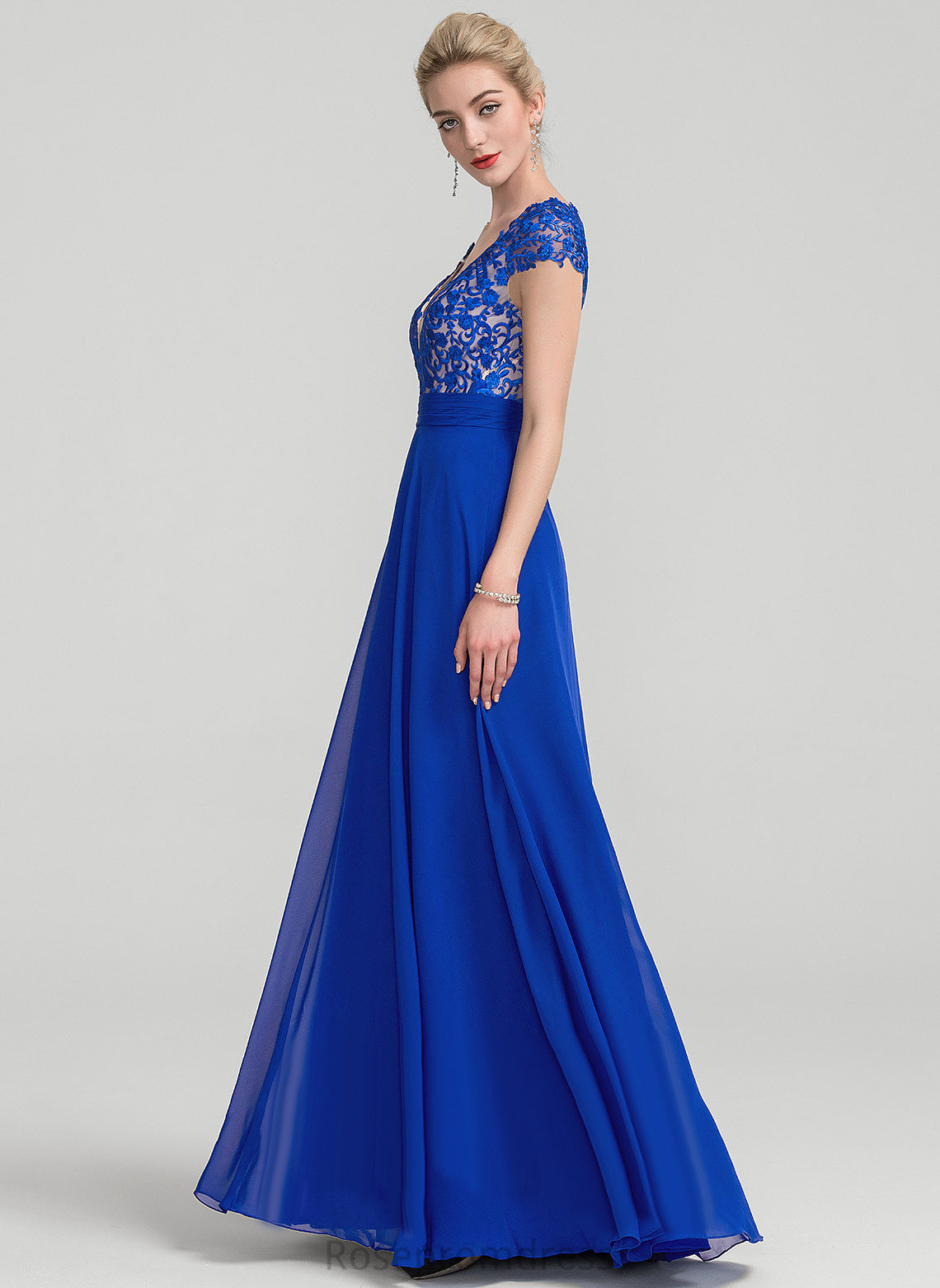 A-Line Lorna Ruffle With Floor-Length Chiffon V-neck Lace Prom Dresses