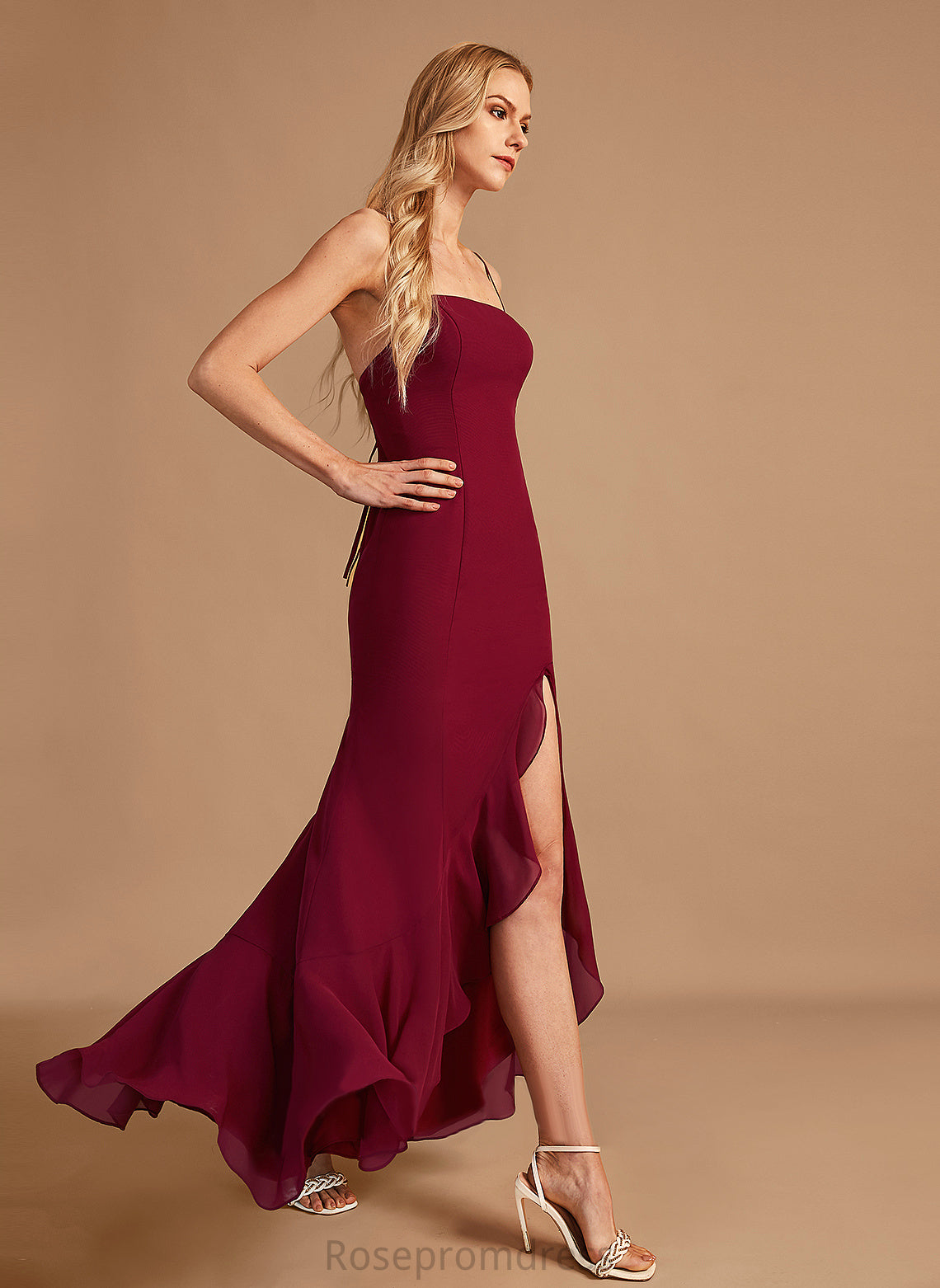 Floor-Length Neckline Silhouette SplitFront Length Fabric Embellishment SquareNeckline Ruffle Trumpet/Mermaid Shayna Natural Waist Bridesmaid Dresses