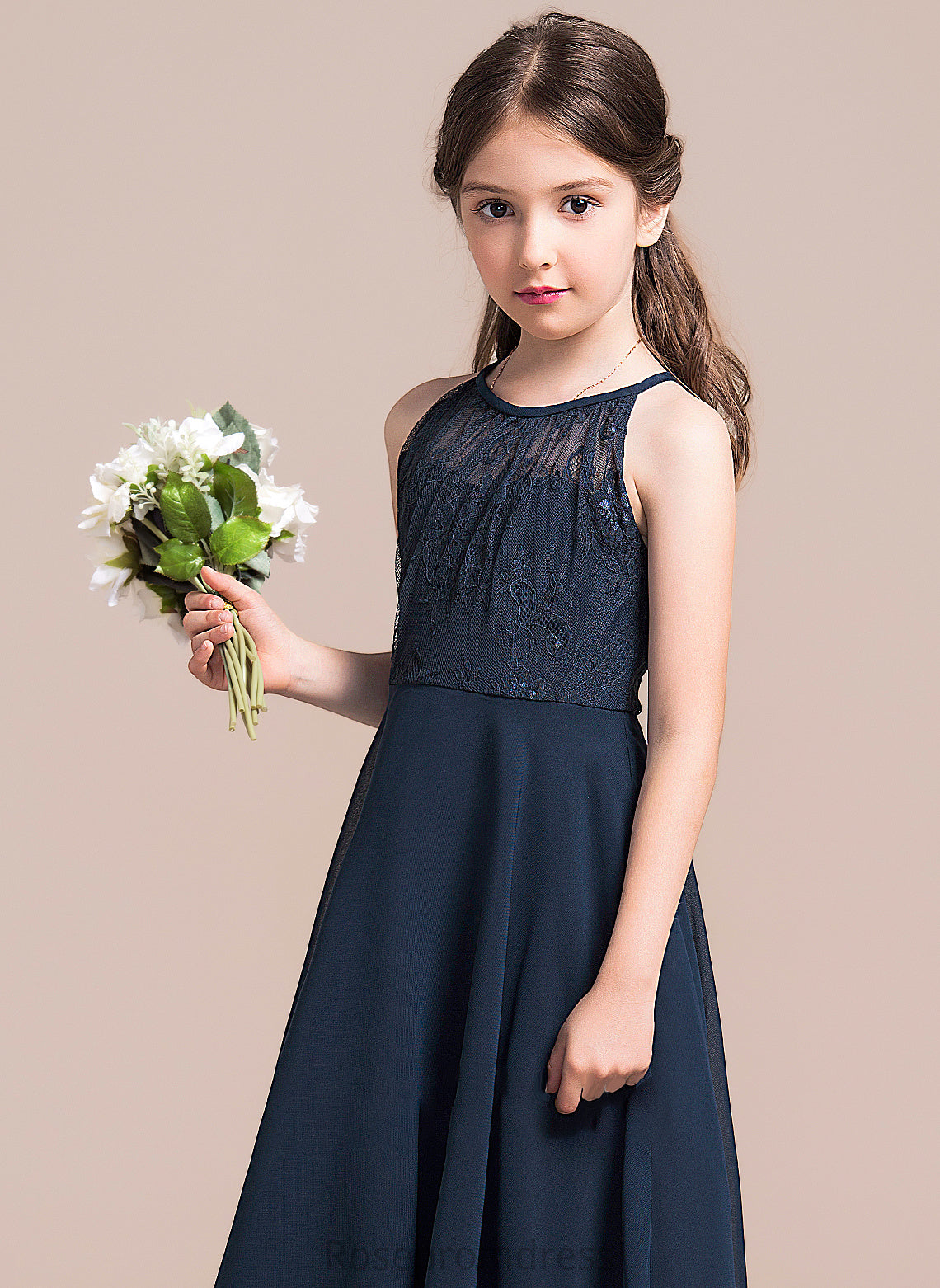 Junior Bridesmaid Dresses Lace Arielle Neck Scoop Chiffon Tea-Length Ruffle With A-Line