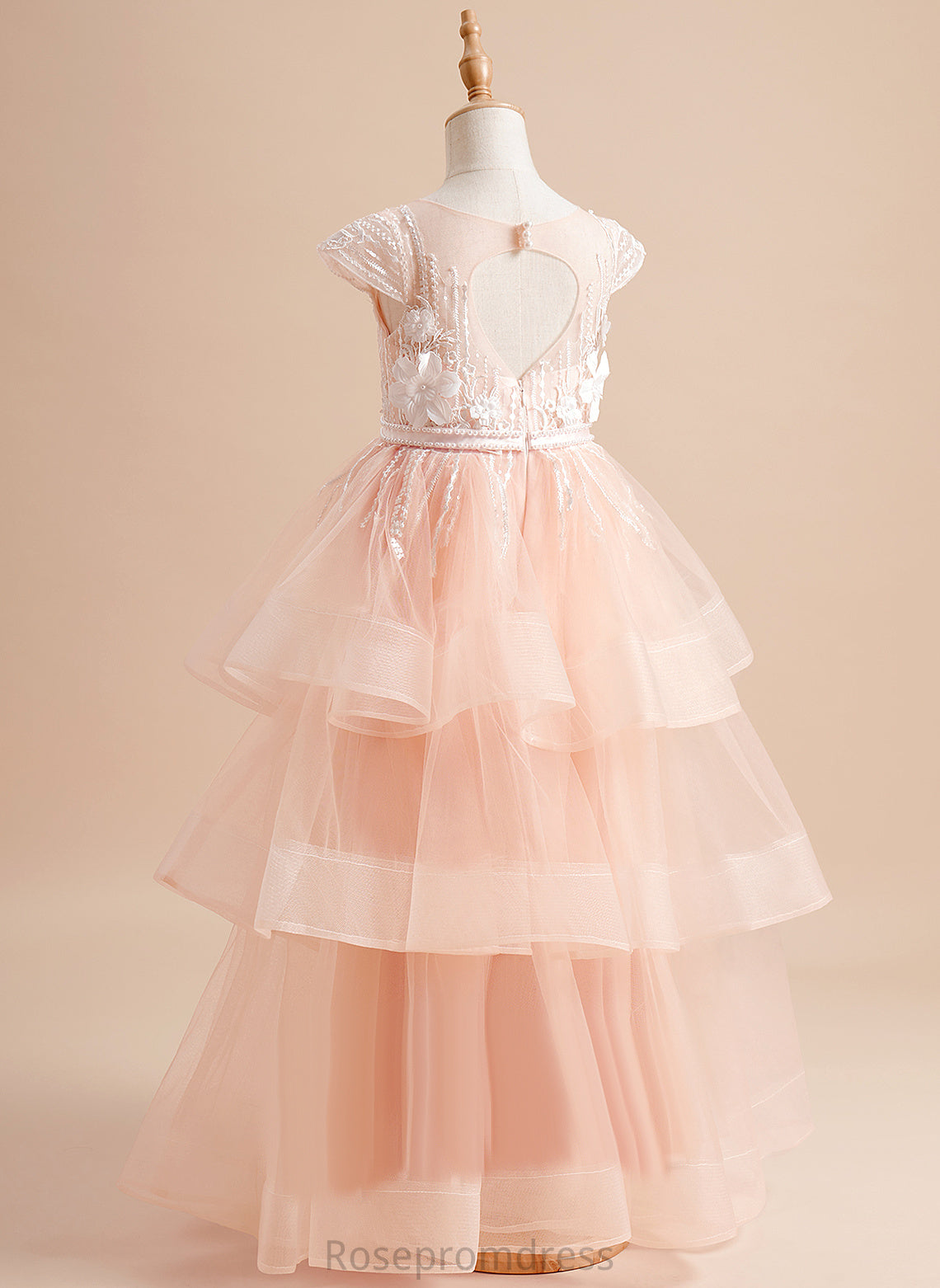 Neck Short Tulle Scoop Ball-Gown/Princess Dress Floor-length Beading/Flower(s)/Bow(s) Flower Sleeves With - Hanna Flower Girl Dresses Girl