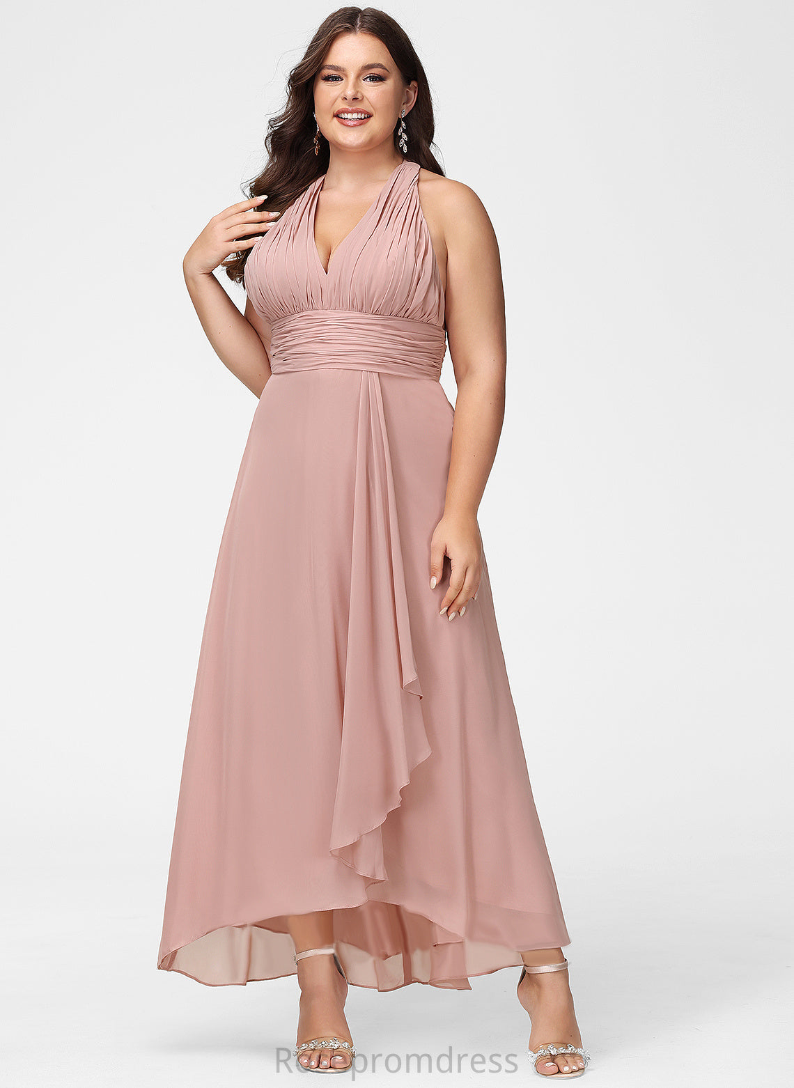 Asymmetrical Fabric V-Neck Neckline A-line Silhouette Length Straps&Sleeves Rachel Natural Waist Sleeveless Floor Length Bridesmaid Dresses