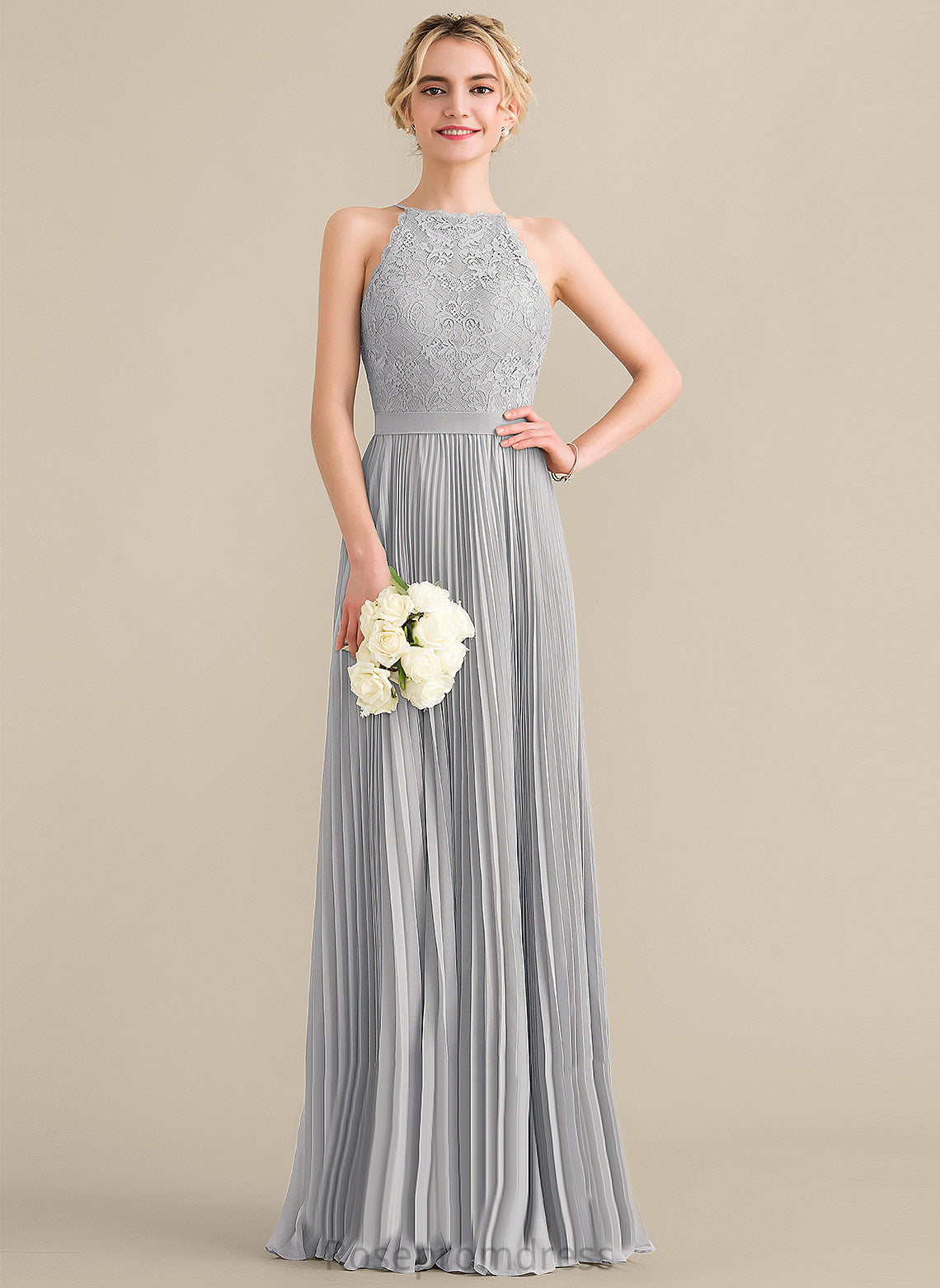 Phyllis Scoop With A-Line Chiffon Prom Dresses Pleated Floor-Length Lace