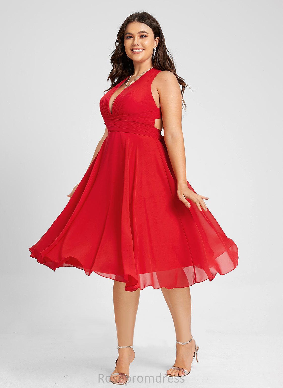 Dress V-neck Chiffon Carolina Cocktail Dresses Knee-Length Cocktail With Bow(s) A-Line Ruffle