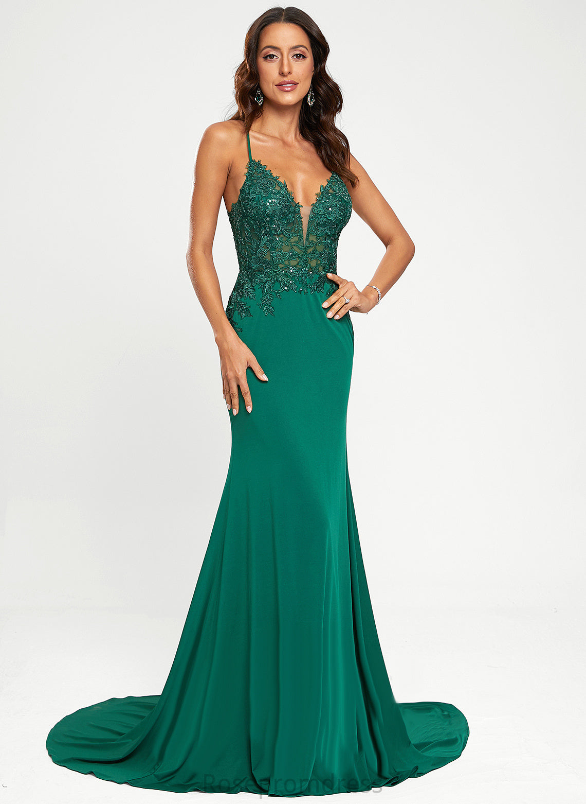 Chasity Sweep Sequins Train Trumpet/Mermaid With V-neck Jersey Prom Dresses