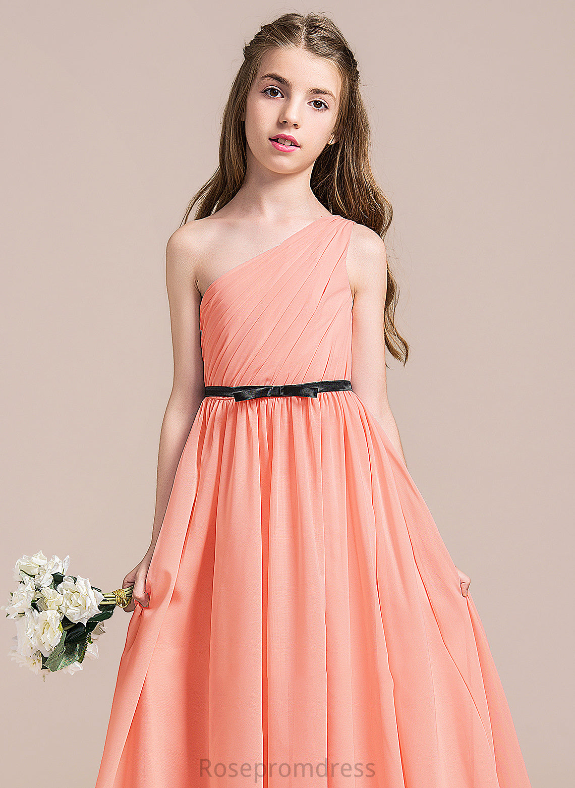 A-Line Junior Bridesmaid Dresses Ruffle Asia One-Shoulder Chiffon Floor-Length With Bow(s)