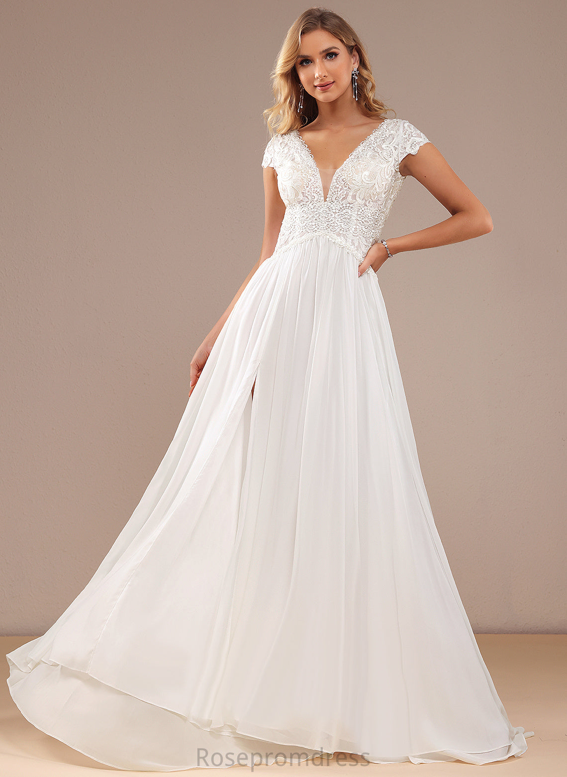 Alia Front Lace A-Line Sweep Train Split Dress Wedding V-neck Lace Wedding Dresses With Chiffon