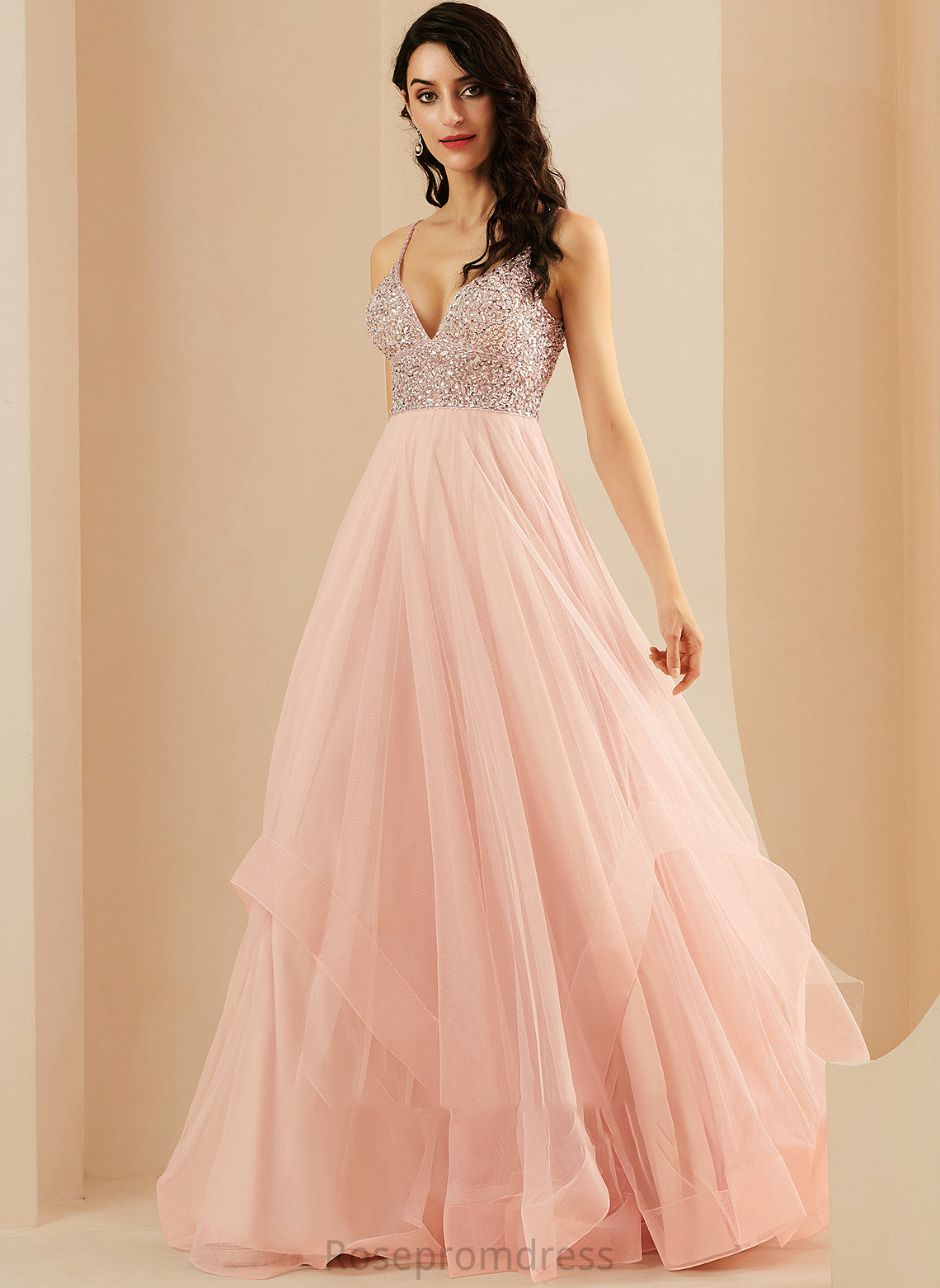 V-neck Sequins A-Line Tulle Floor-Length Beading Prom Dresses Susie With