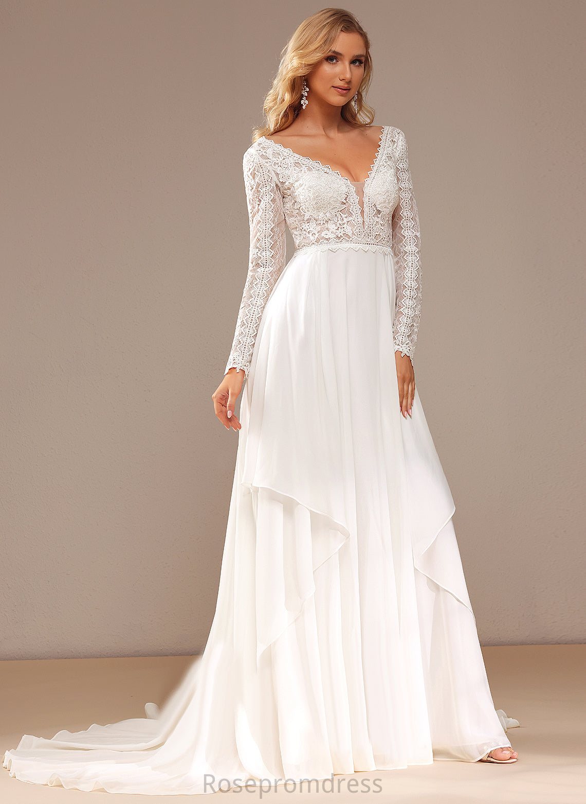 Makaila Lace Ruffle With Chiffon V-neck Wedding Wedding Dresses Dress A-Line Lace Train Court