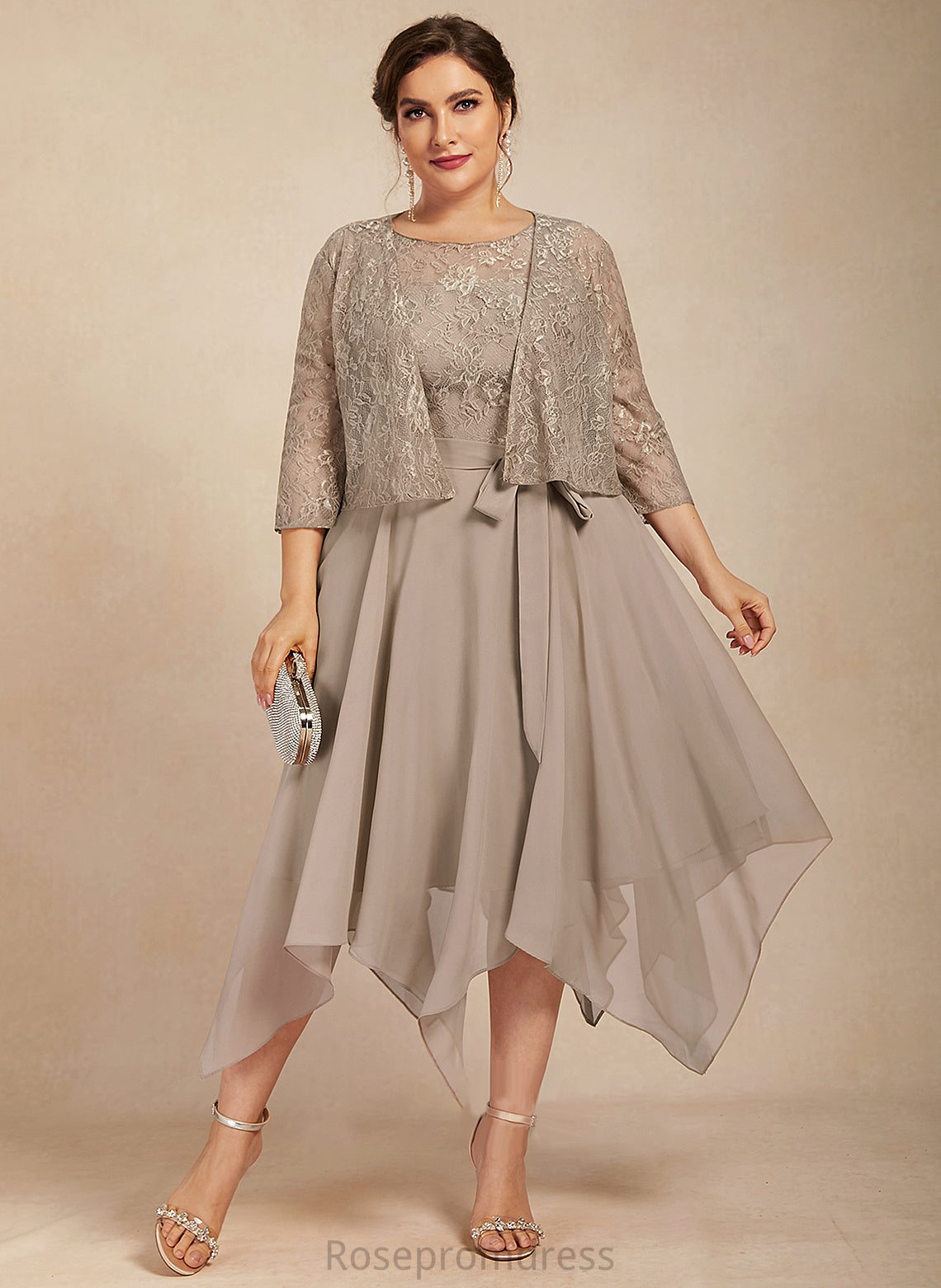 Bow(s) the Bride Chiffon Mother Jocelyn Mother of the Bride Dresses Tea-Length Neck of With Lace Scoop A-Line Dress