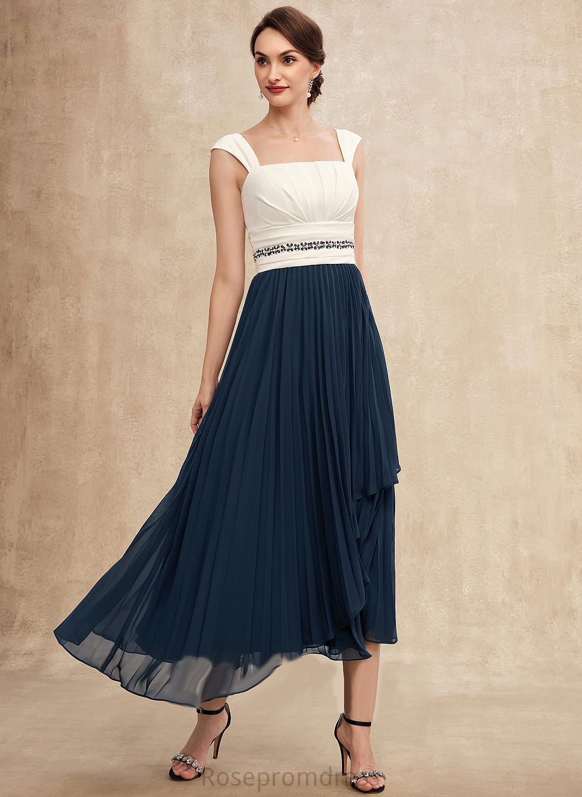 Tea-Length Beading Neckline Mother of the Bride Dresses Dress the Pleated Abigayle of Square A-Line Chiffon With Sequins Bride Mother