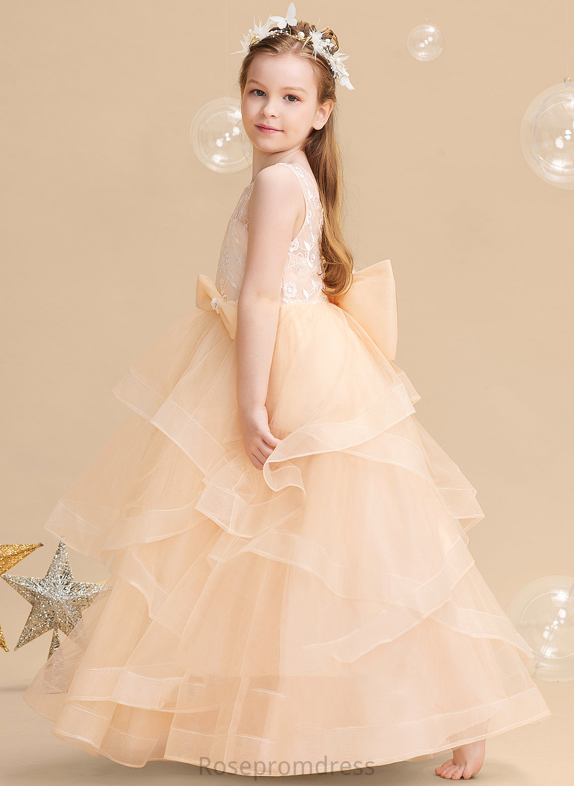 Lola Sleeveless Scalloped Neck Girl Floor-length Dress Ball-Gown/Princess Back Lace/Flower(s)/Bow(s)/V Flower Girl Dresses Flower With Tulle