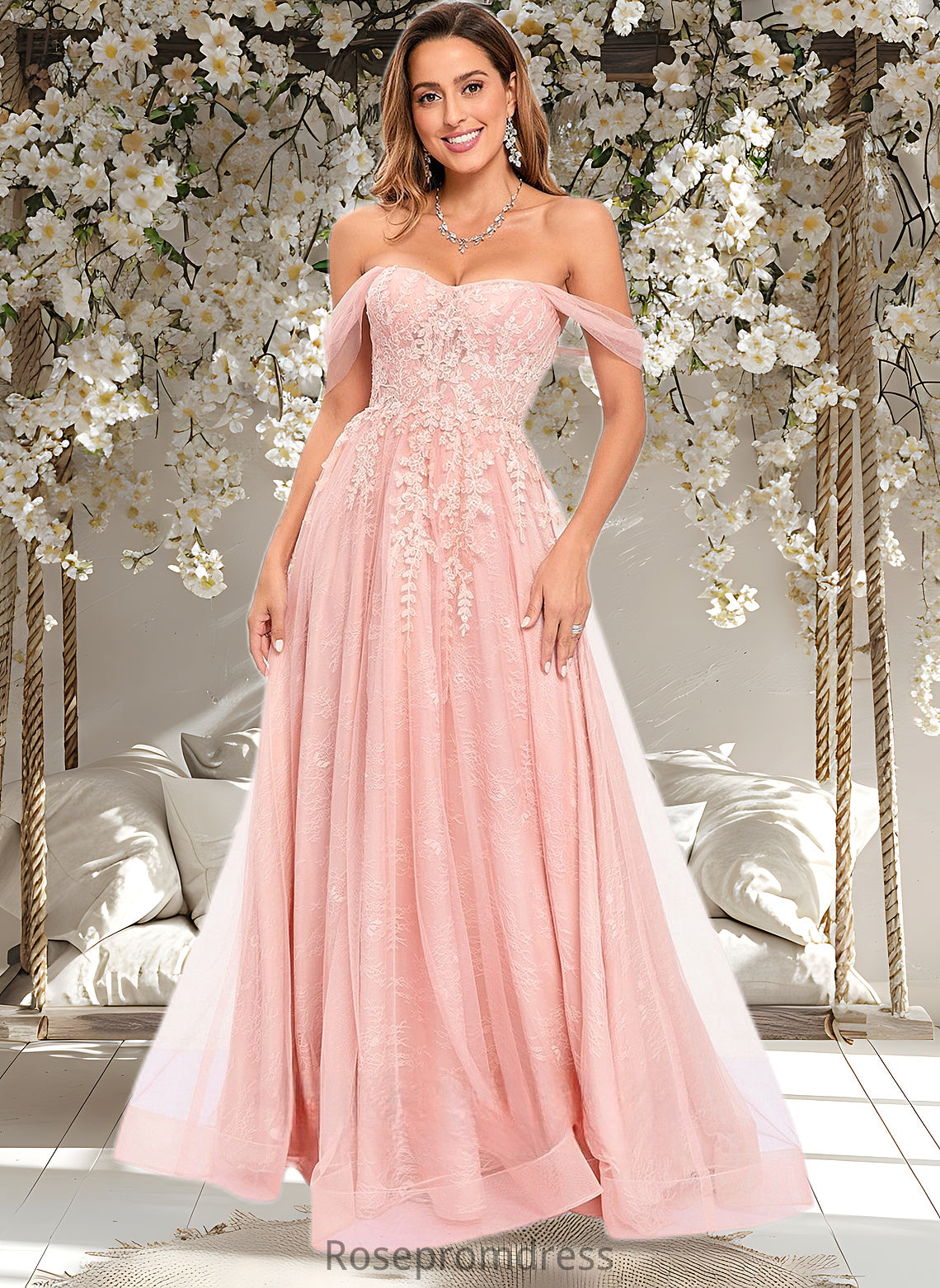 Monique A-line Sweetheart Off the Shoulder Floor-Length Tulle Floral Lace Prom Dresses With Appliques Lace DSP0025870