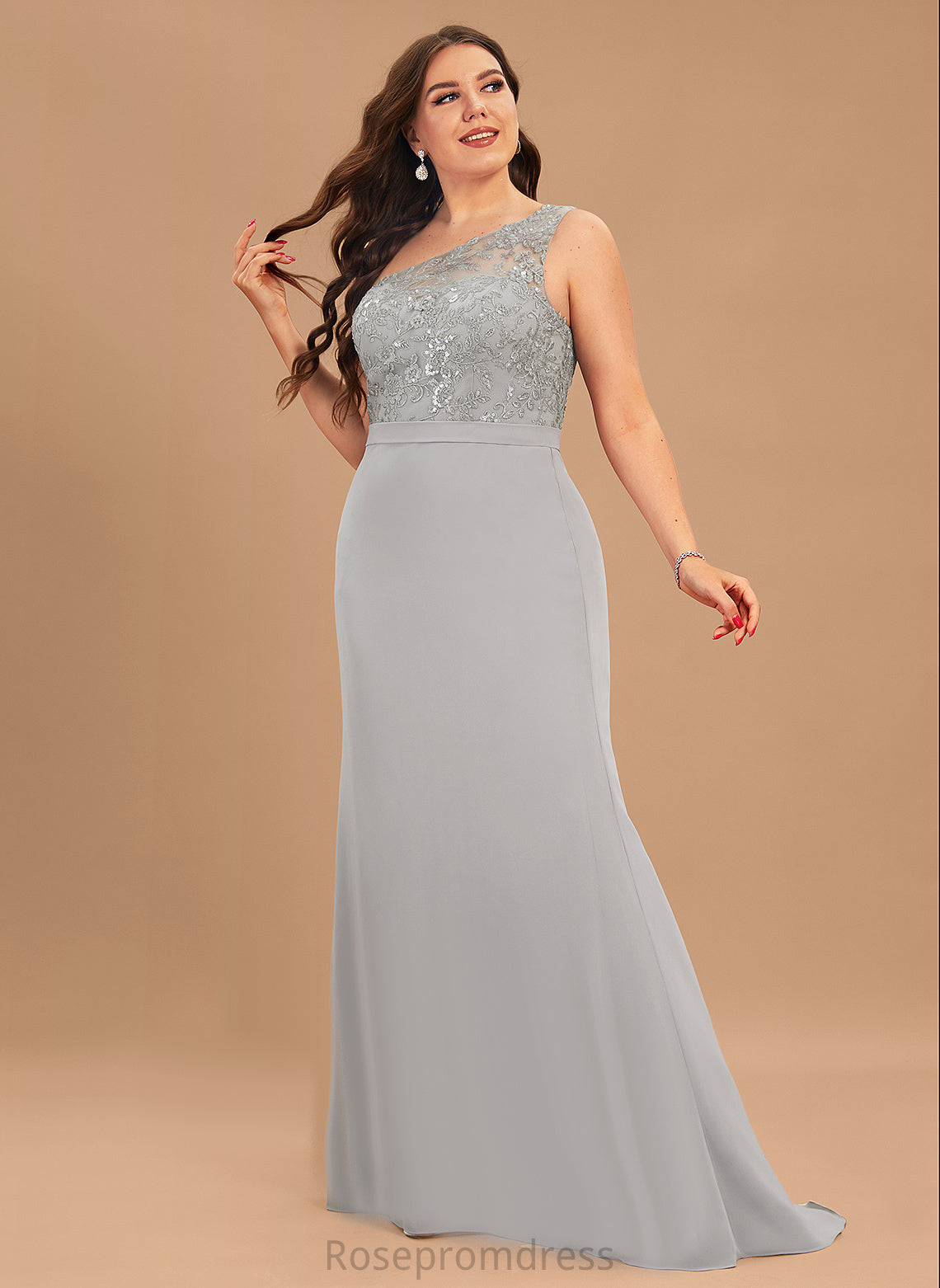 Sequins Neckline Embellishment One-Shoulder Fabric SweepTrain Length Silhouette Trumpet/Mermaid Haven Bridesmaid Dresses