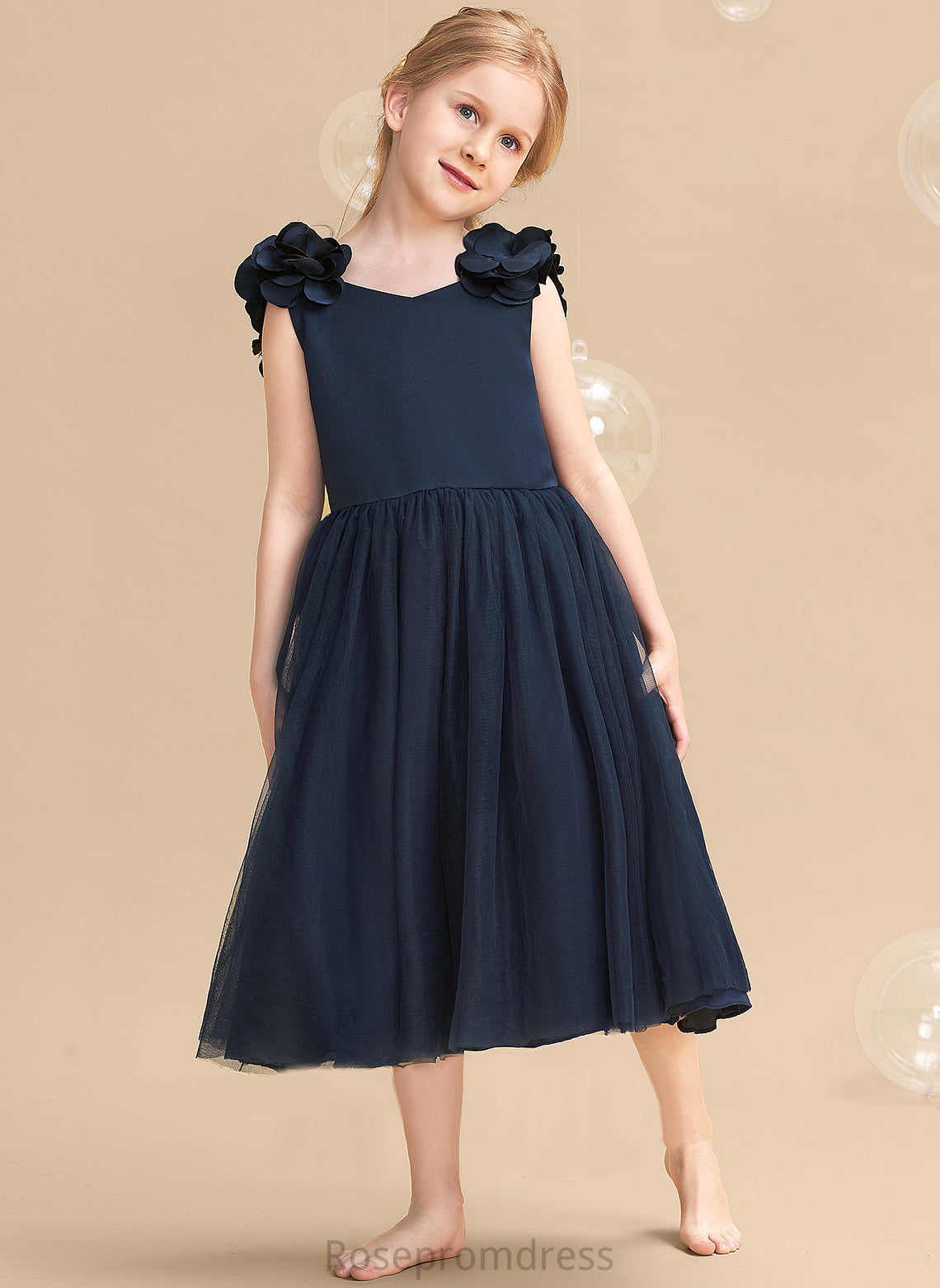 Sleeveless Sally A-Line Flower With Flower Girl Dresses Girl - Tea-length V-neck Flower(s)/Bow(s) Dress Satin/Tulle