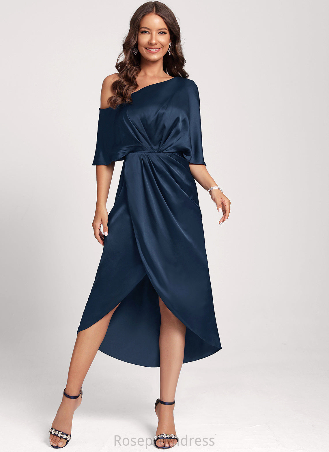 Geraldine Tea-Length Dress Satin Stretch Sheath/Column Cocktail One-Shoulder Club Dresses