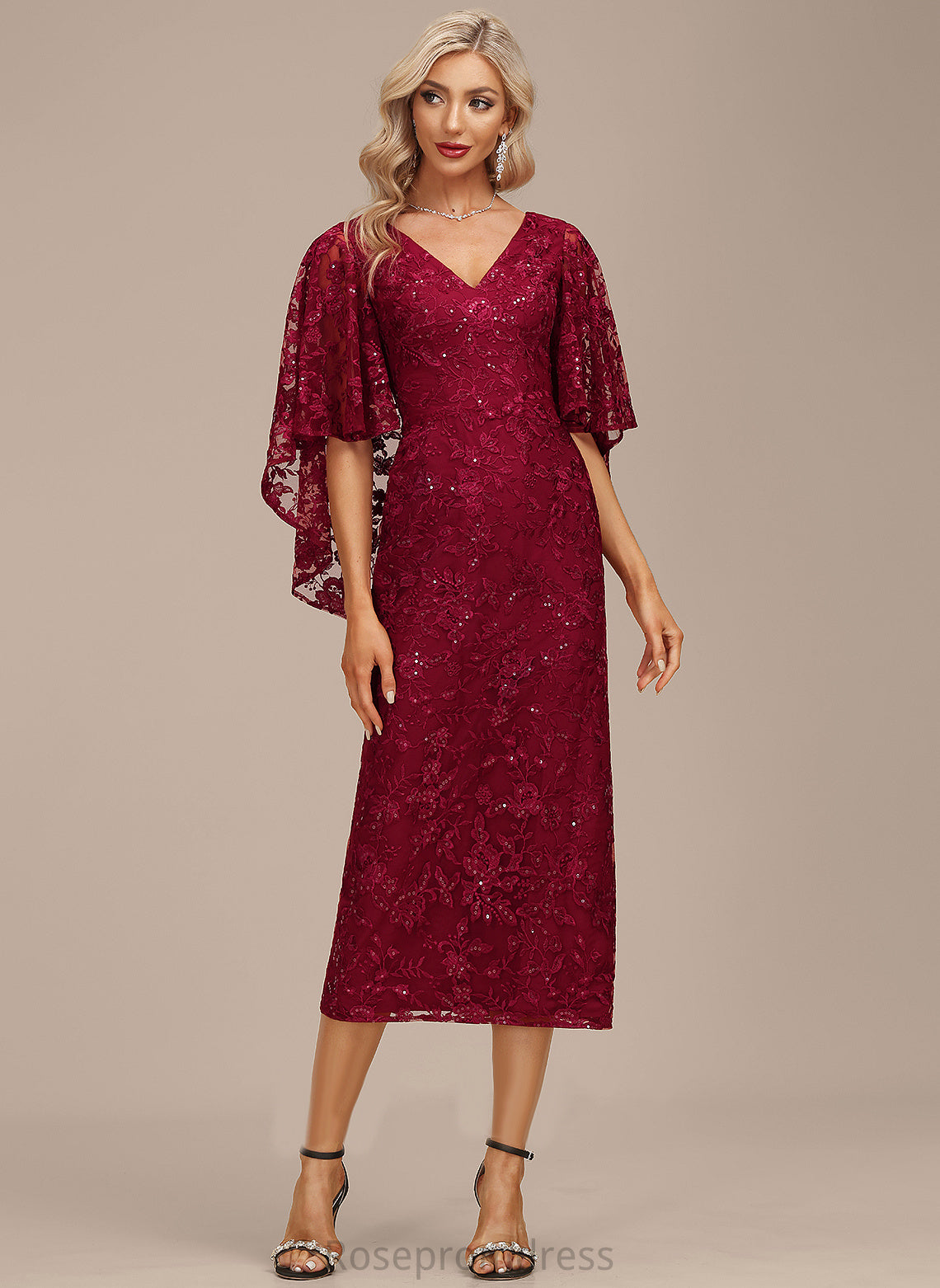 Cocktail Dresses With Lace Dress Cocktail Sheath/Column Sequins Kaelyn V-neck Tea-Length